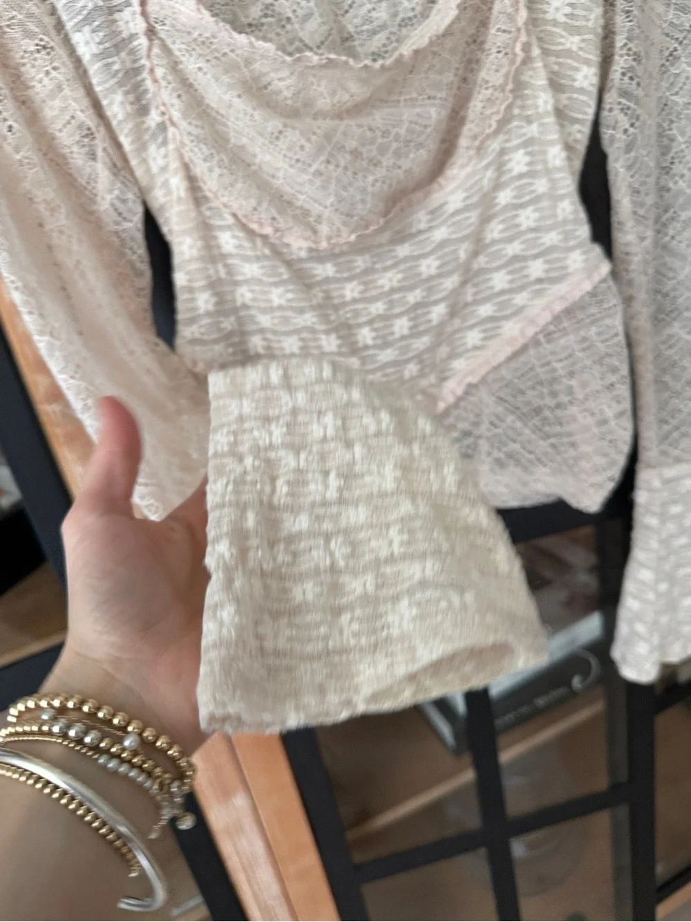 Free People lace long sleeve My Party Top Salt ruffle square neck cropped sheer